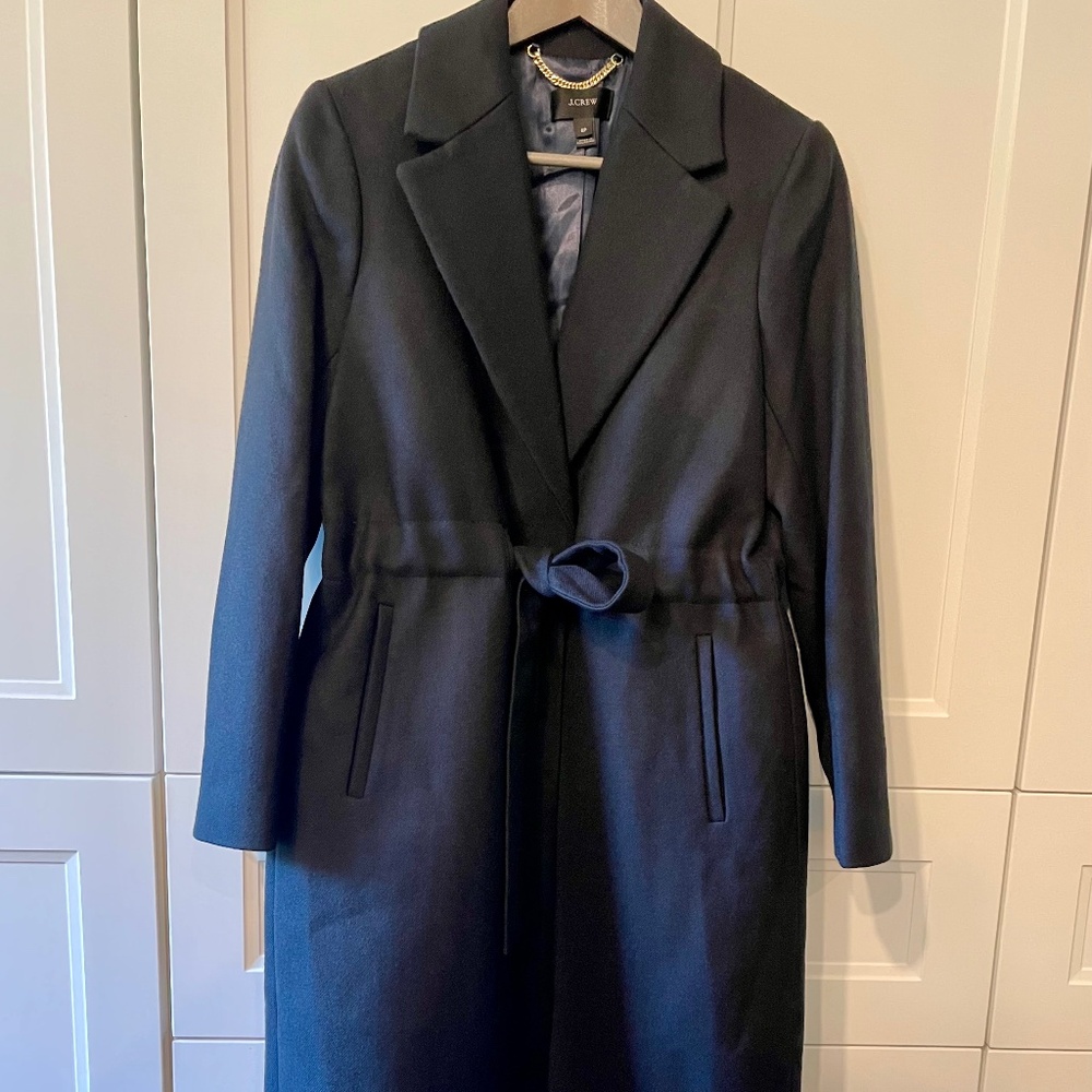 J. Crew Wool Trench Coat Black US Size 8P Tie-waist